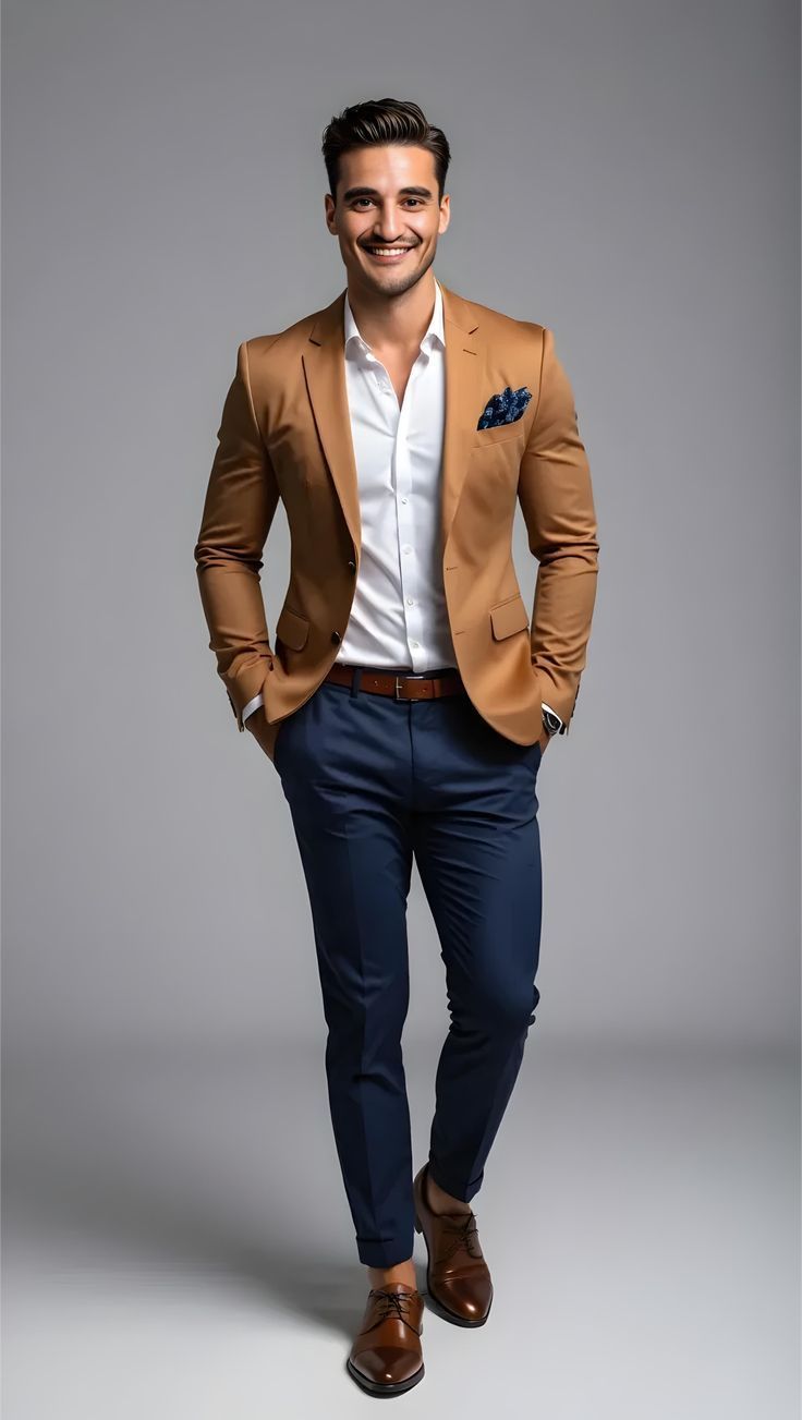 Hombre con chaqueta color canela, camisa blanca, pantalones azules y zapatos marrones sonriendo, de pie con las manos en los bolsillos.