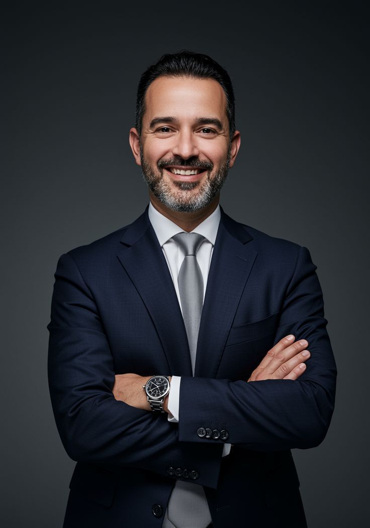 Hombre con traje azul marino, con los brazos cruzados, sonriendo sobre un fondo gris oscuro.