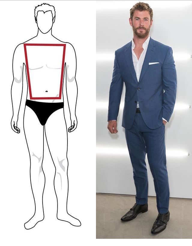 Hombre con torso ancho y diagrama de forma corporal, vestido con traje azul, camisa blanca y zapatos negros.
