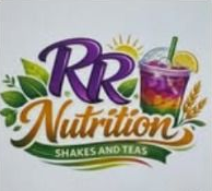 RR Nutrition logo with purple and orange text, green leaves, a smoothie cup, and “shakes and teas” tagline