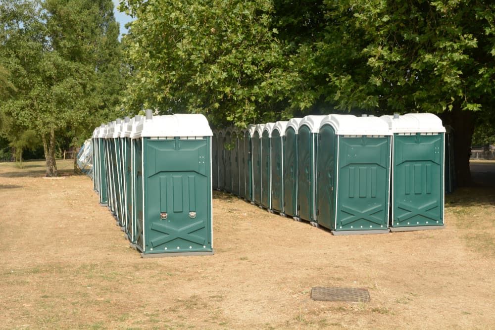 A Row of Green Portable Toilets Are Lined Up in a Field — Tony Gordon Septic Tank Cleaning in Dorrigo, NSW