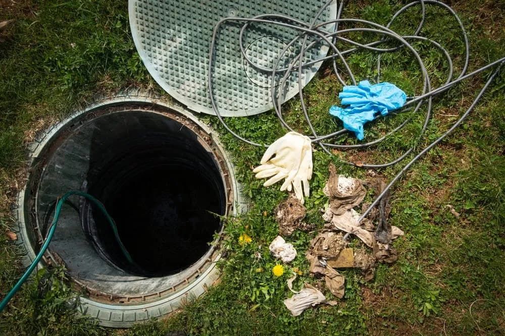 A Manhole Cover With a Hose and Gloves Coming Out of It — Tony Gordon Septic Tank Cleaning in Newee Creek, NSW