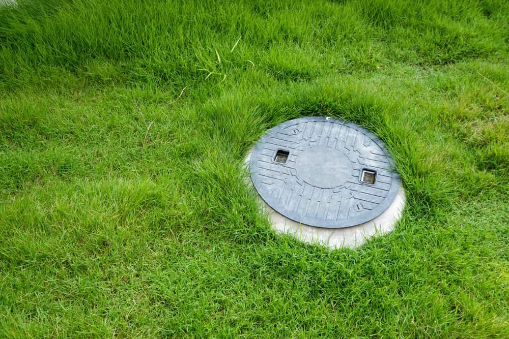 A Manhole Cover is Sitting in the Middle of a Lush Green Field — Tony Gordon Septic Tank Cleaning in Kempsey, NSW