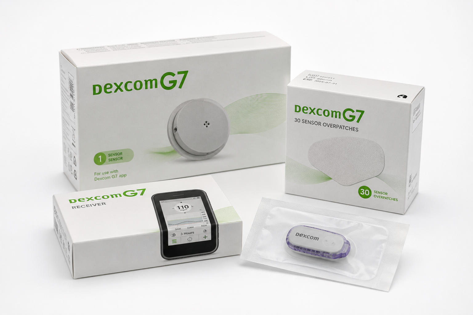 Dexcom G7 continuous glucose monitor boxes and sensors on a white background