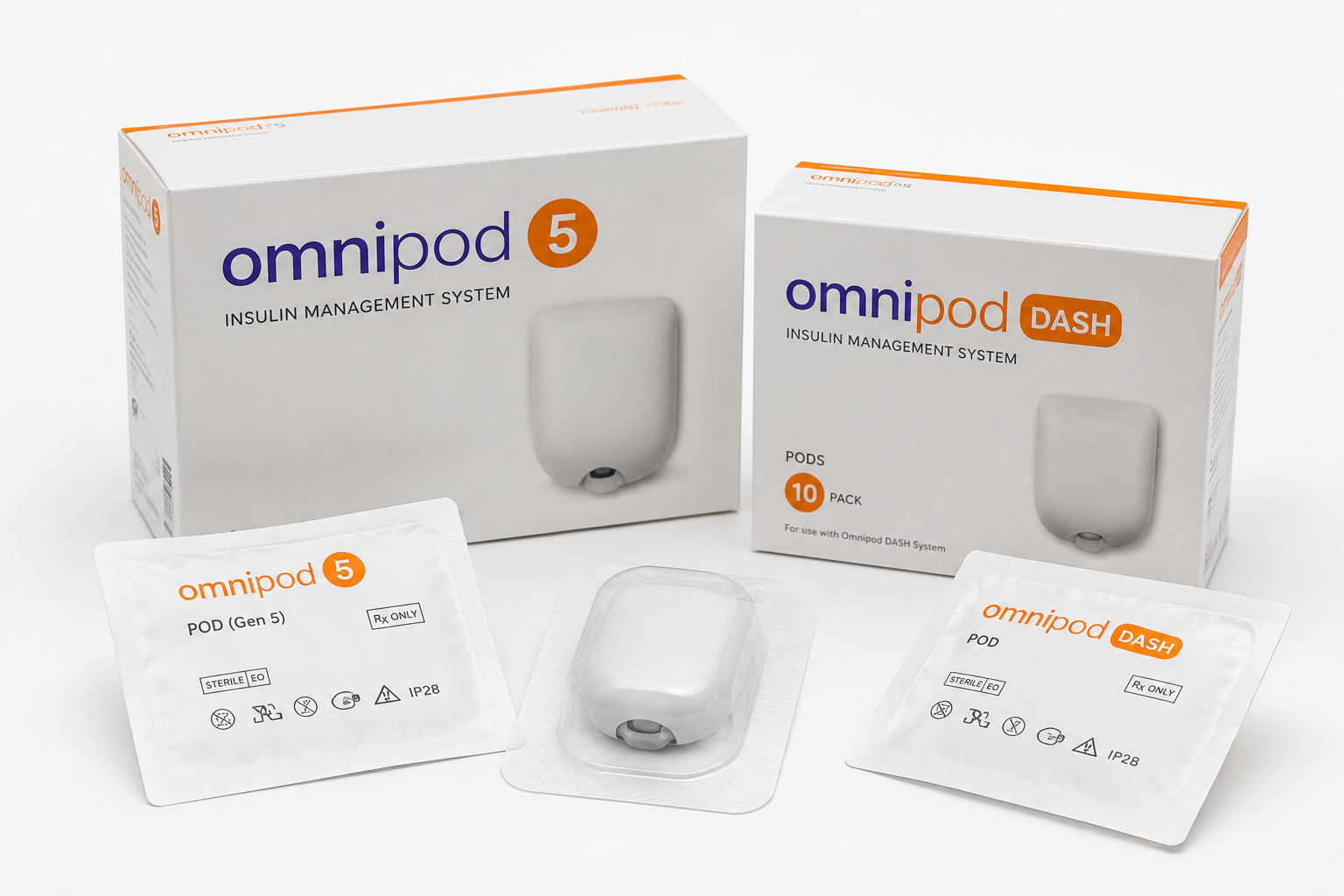 Omnipod 5 diabetes pod boxes, pods, and instruction cards displayed on a white background
