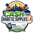 Cash For Diabetic Supplies Los Angeles logo with cash symbol, test strips, omnipod, dexcom, and glucose meter