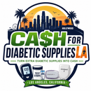 Cash For Diabetic Supplies Los Angeles logo with cash symbol, test strips, omnipod, dexcom, and glucose meter