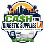Cash for Diabetic Supplies LA logo with skyline, palm trees, sunset, and test strips, meter, and supplies bottles