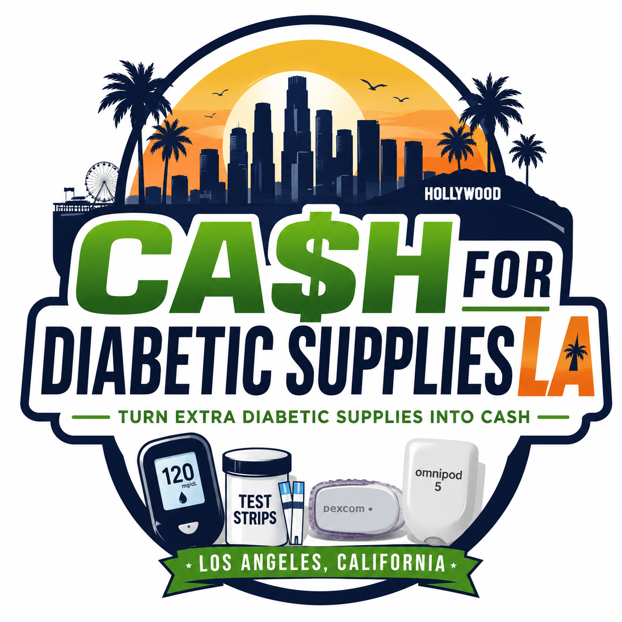 Logo for Cash for Diabetic Supplies LA with city skyline, palm trees, and diabetes supply items in green, blue, and orange