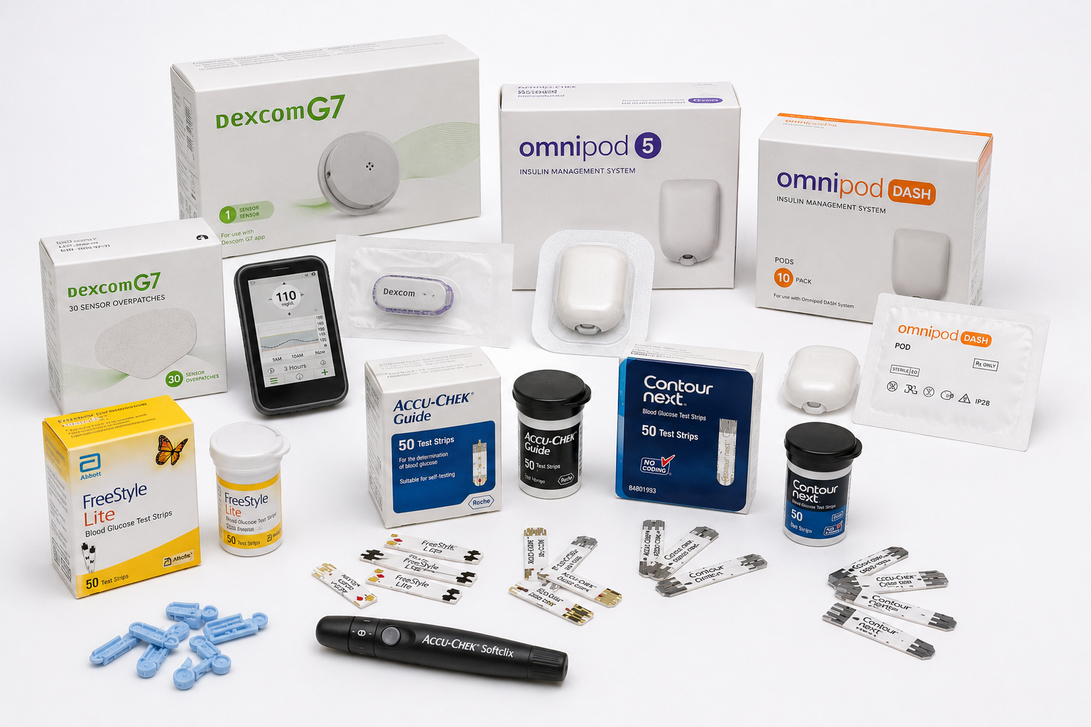 Assorted medical device and medication boxes, test strips, lancets, and a lancing device on a white background