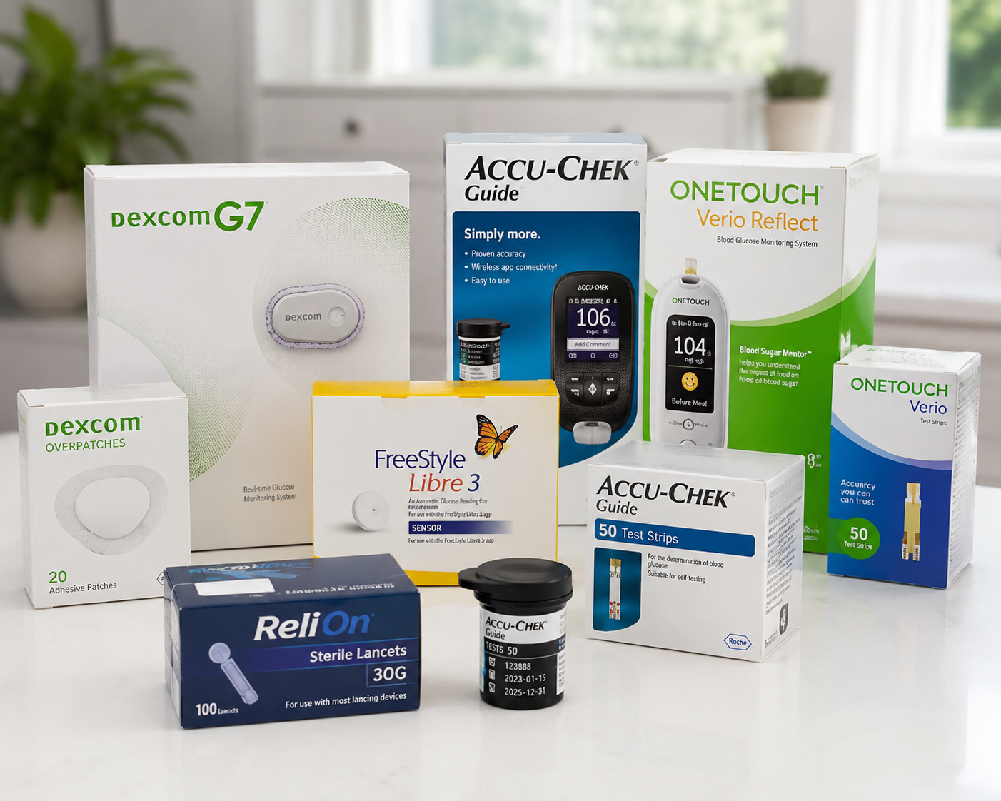 Assorted diabetes monitoring supplies and glucose meters arranged on a table.