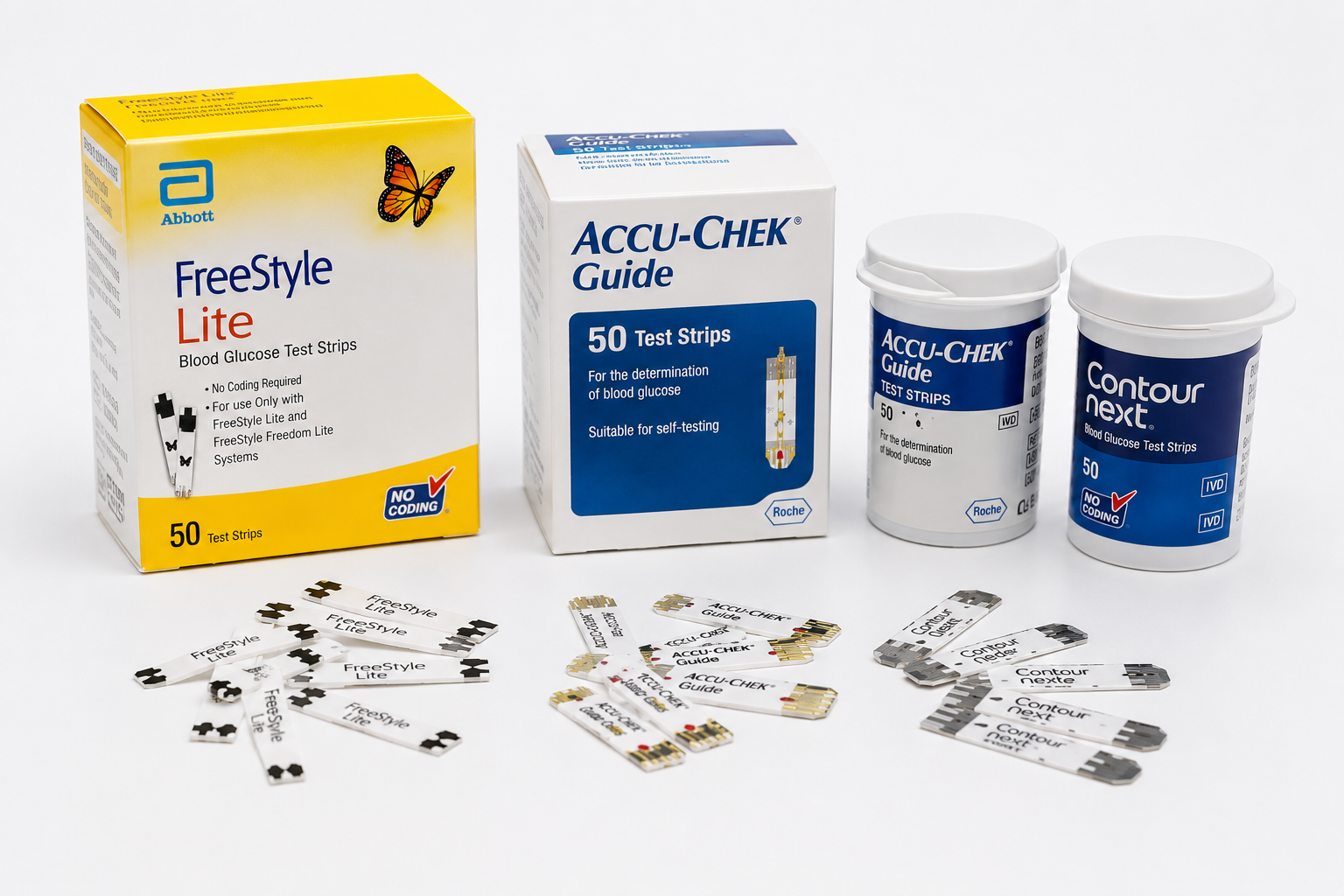 FreeStyle Lite and Accu-Chek Guide glucose meters, test strips, and lancets on a white background