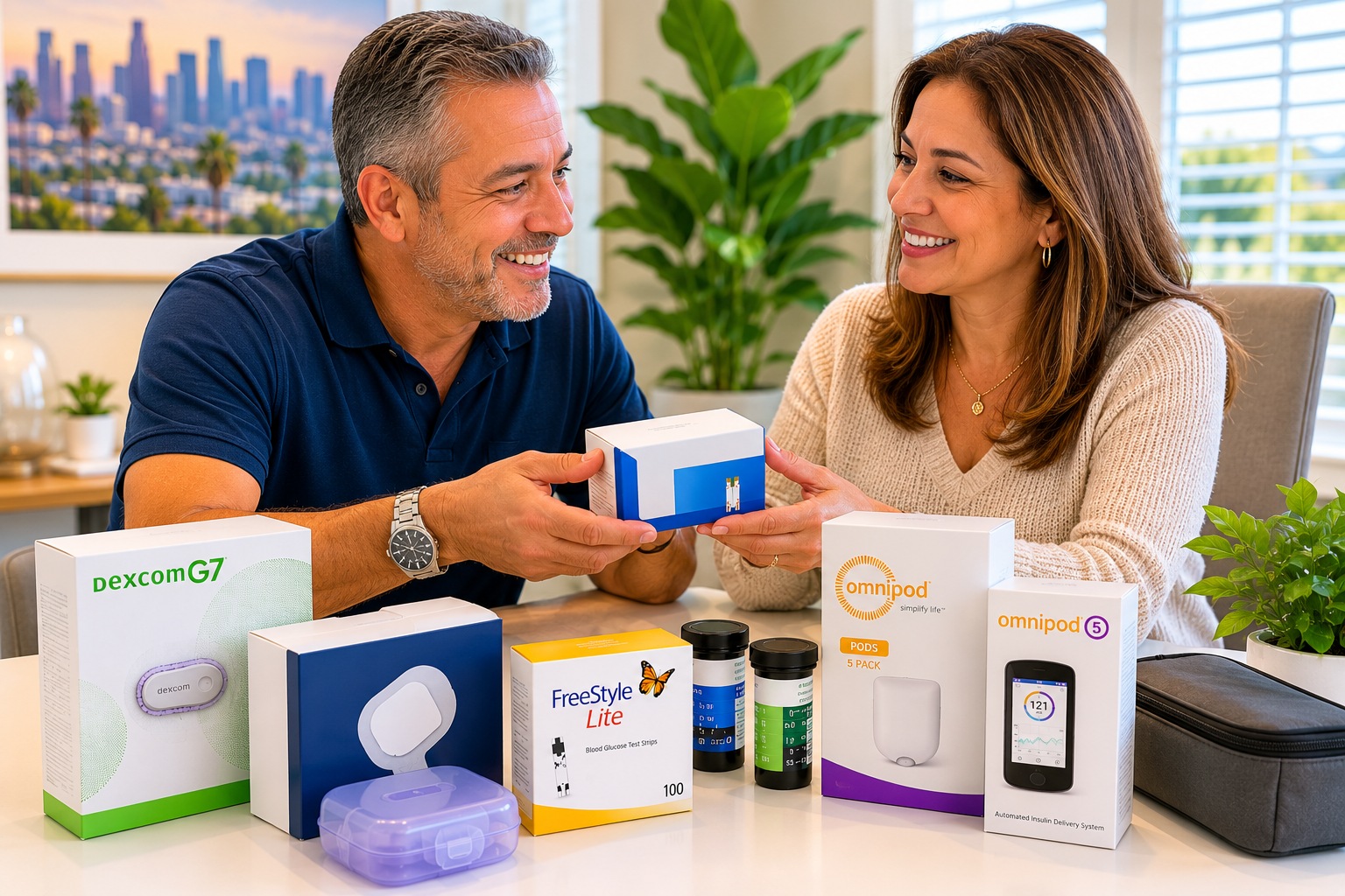 Two people smiling on a couch with smart home diabetic device boxes and products displayed in front of them