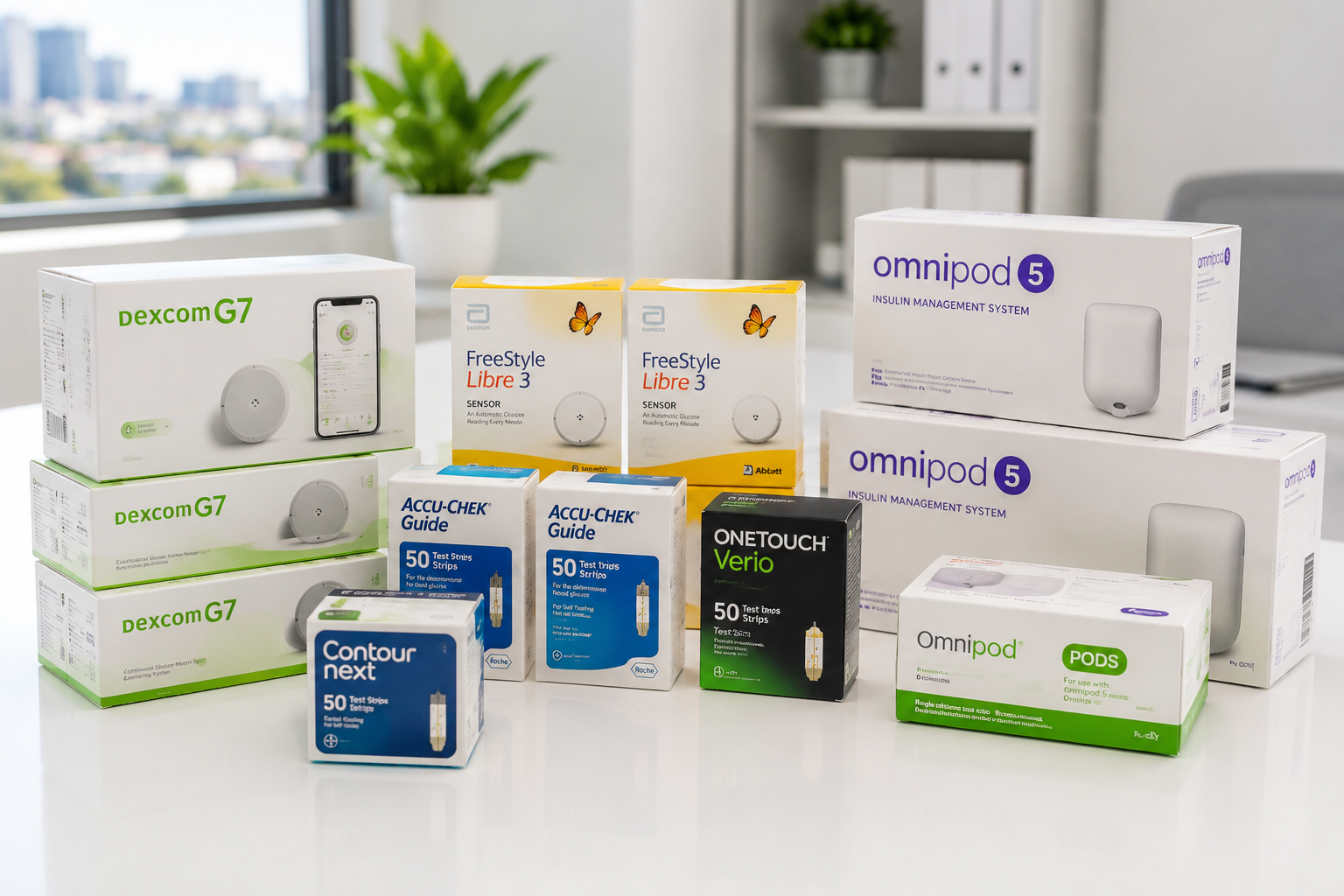 Assorted diabetic supplies arranged on a white table against a white background