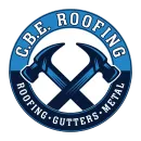 C.B.E. Roofing logo: blue circle with crossed hammers, company name and services: roofing, gutters, metal.