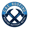 C.B.E. Roofing logo: blue circle with crossed hammers, company name and services: roofing, gutters, metal.