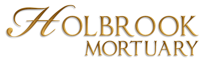Holbrook Mortuary logo in gold script and serif lettering on a white background