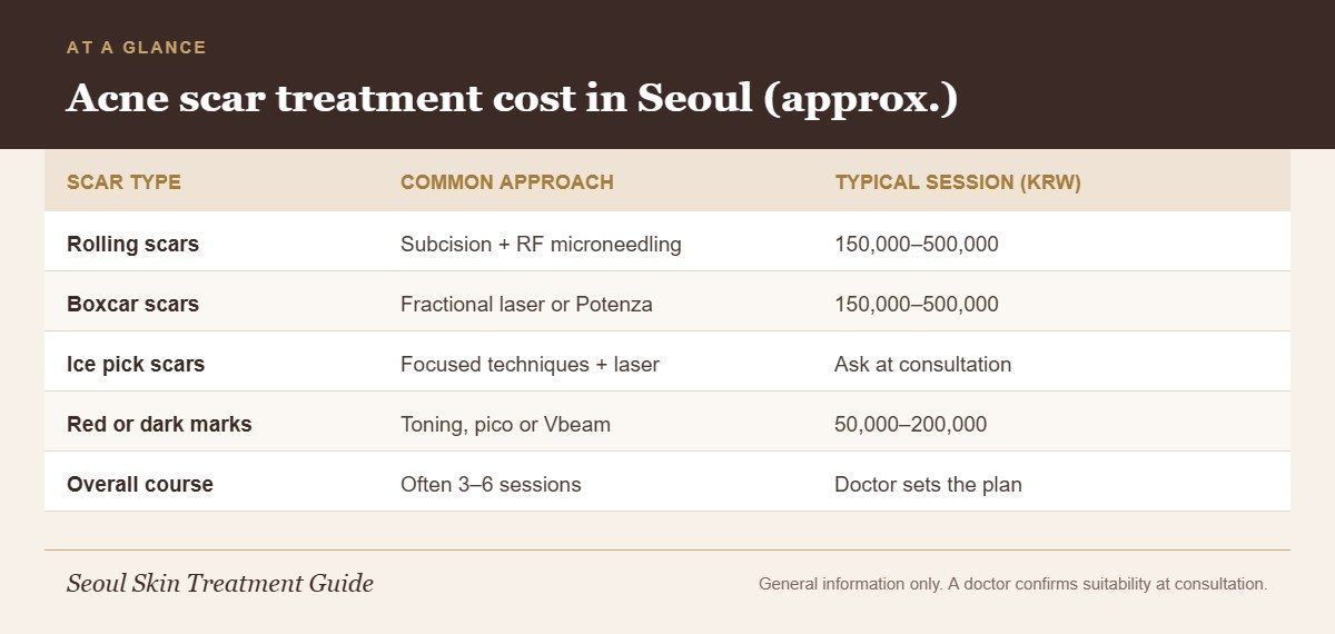 Infographic table matching acne scar types to common Korean treatment approaches and typical Seoul session prices