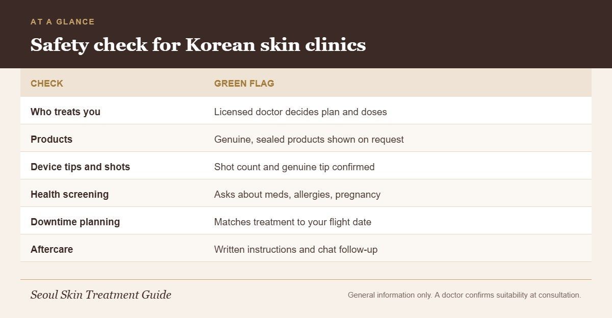 Infographic with six safety checks for foreigners choosing a Korean skin clinic and the green flag for each