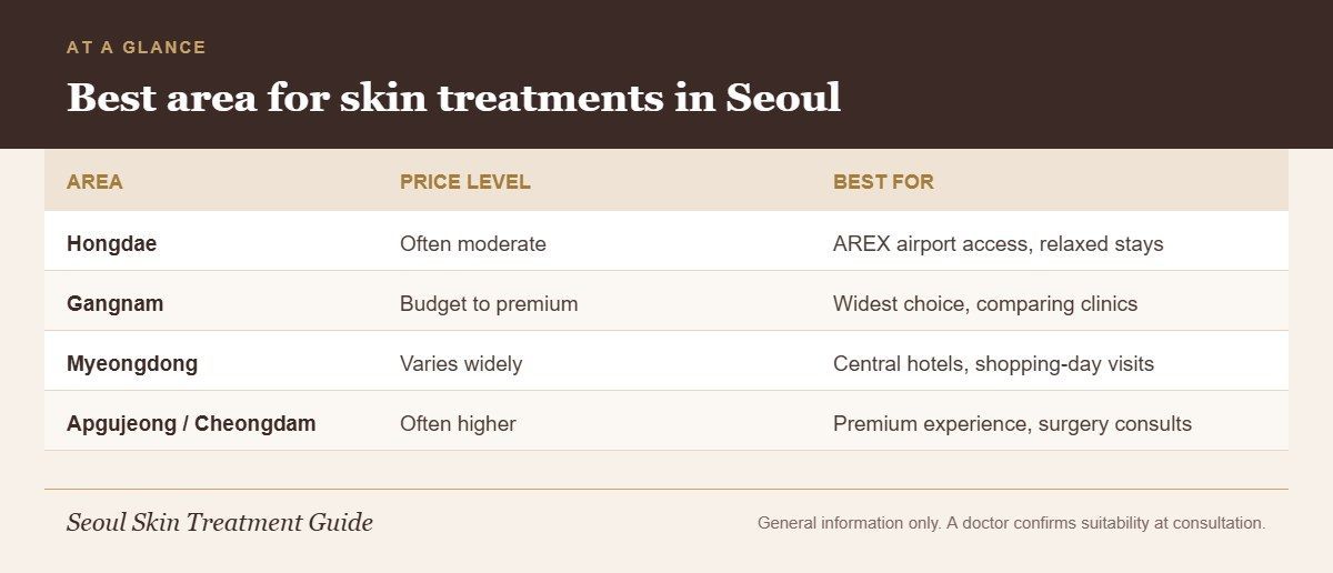 Summary table of Seoul skin clinic areas Hongdae, Gangnam, Myeongdong and Apgujeong with price level and best use