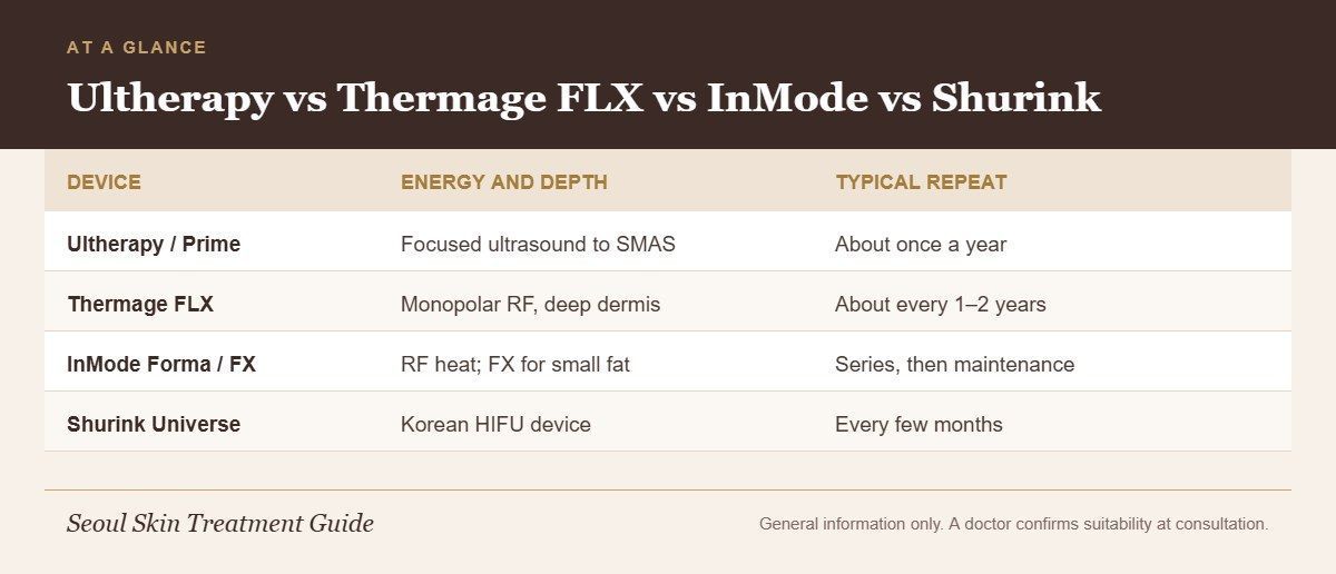 Comparison chart of Ultherapy, Thermage FLX, InMode and Shurink by energy type, depth and how often they are repeated