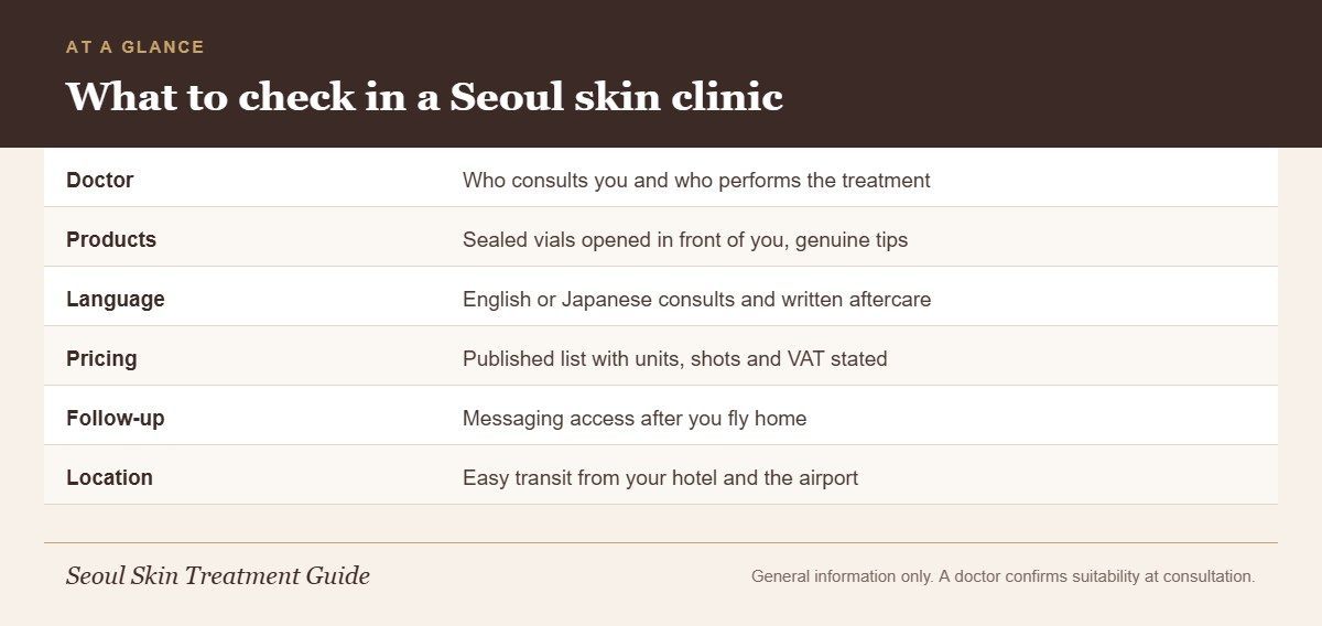 Checklist infographic of six things to check when choosing a skin clinic in Seoul as a foreigner