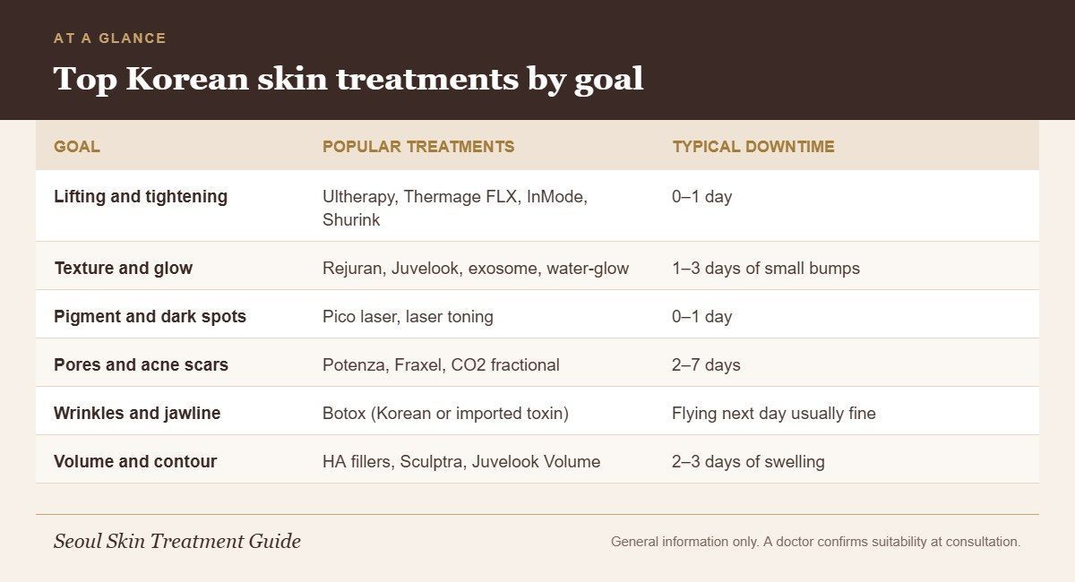 Infographic matching skin goals to popular Korean treatments and typical downtime