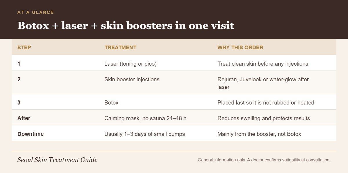 Infographic showing the usual order for Botox, laser and skin boosters on the same day and expected downtime