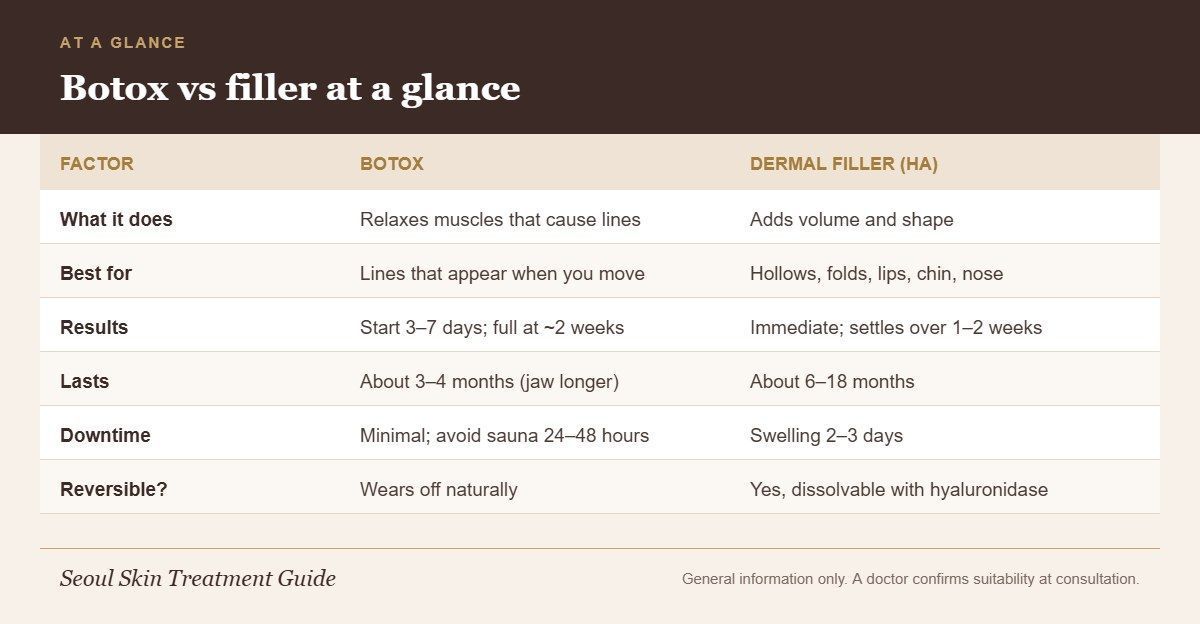 Chart comparing Botox and hyaluronic acid filler by action, best use, onset, duration, downtime and reversibility