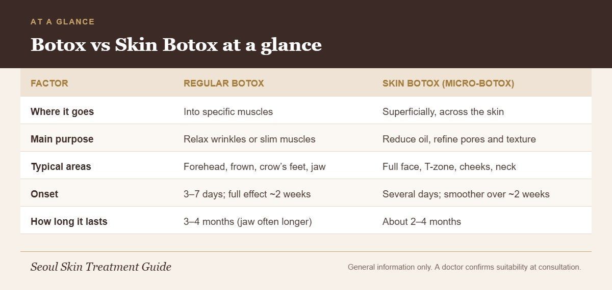 Chart comparing regular Botox and skin Botox by injection depth, purpose, areas, onset and duration