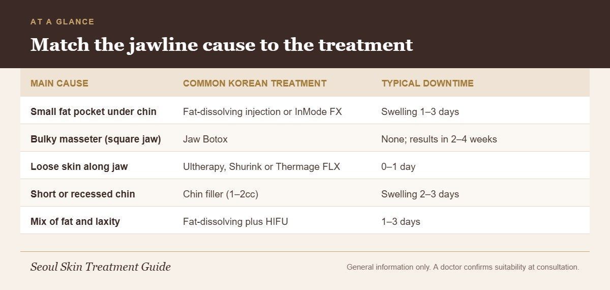 Chart linking double chin and jawline causes to Korean treatments and typical downtime