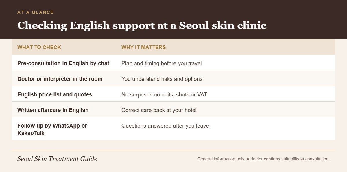 Infographic listing five things to check for English support at a Seoul skin clinic and why each matters