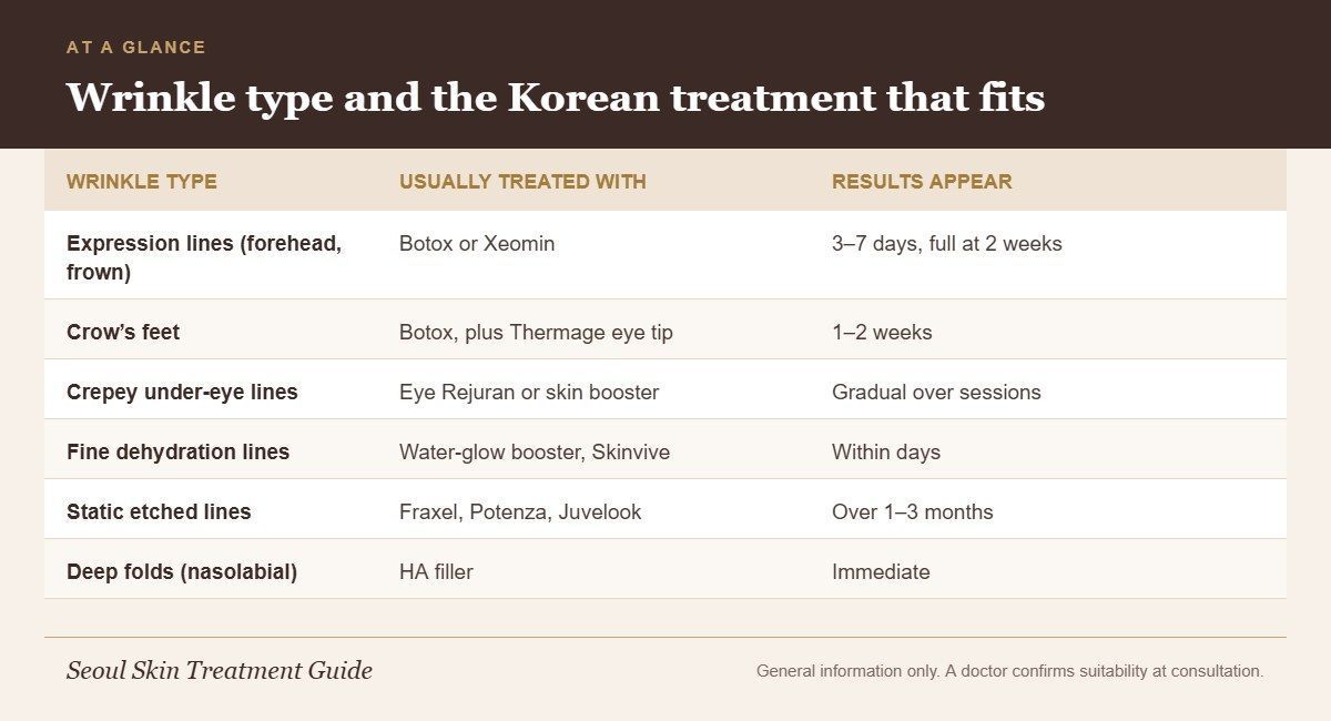 Table matching wrinkle types to Korean treatments and when results appear