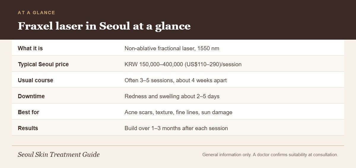 Infographic summarizing Fraxel laser in Seoul: technology, price per session, course length, downtime, best uses and results timeline