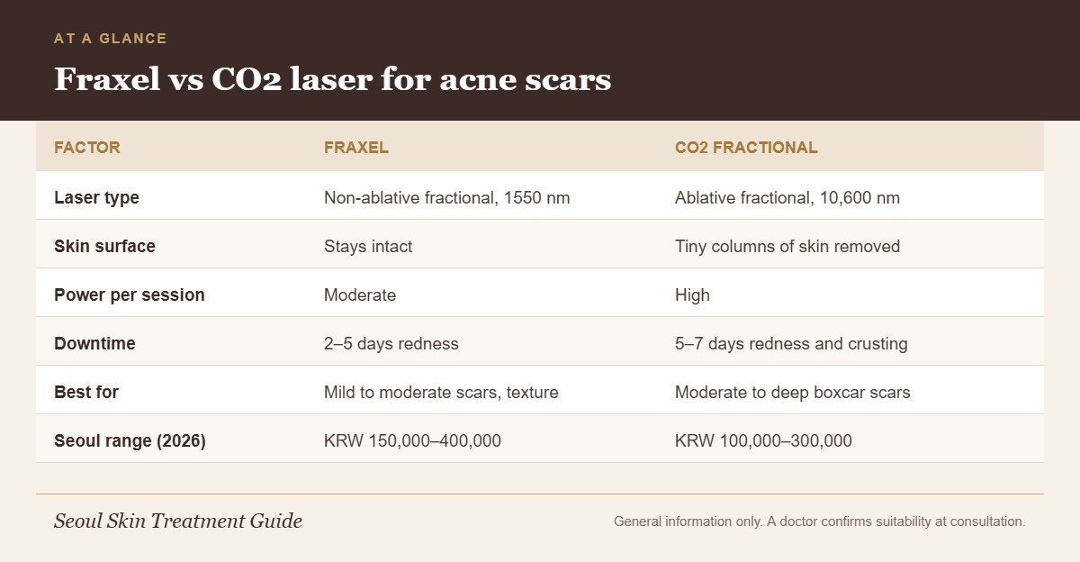 Infographic comparing Fraxel and CO2 fractional laser for acne scars: laser type, surface effect, power, downtime, best scar types and Seoul price ranges