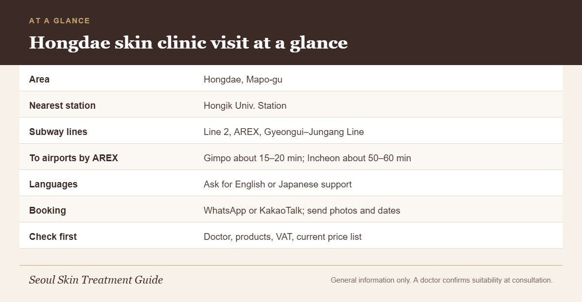 Infographic summarizing Hongdae skin clinic visit basics: station, subway lines, airport travel times, languages, booking and what to check