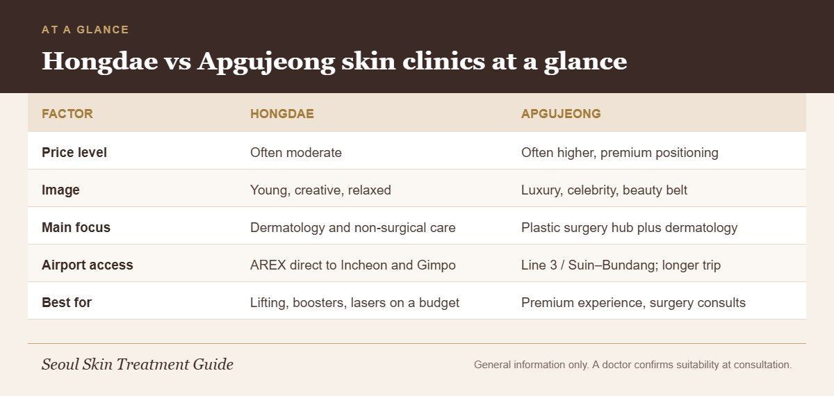 At-a-glance comparison of Hongdae and Apgujeong skin clinics by price level, image, focus, airport access and best use