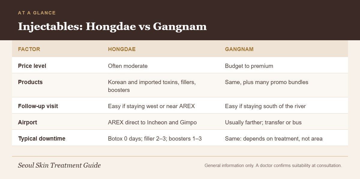 Comparison of Botox, fillers and skin boosters in Hongdae vs Gangnam covering price, products, follow-up, airport and downtime