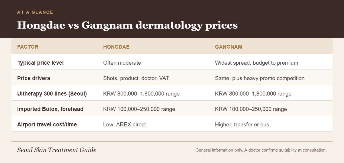 Infographic comparing Hongdae and Gangnam dermatology price levels, price drivers, typical Seoul ranges and airport travel