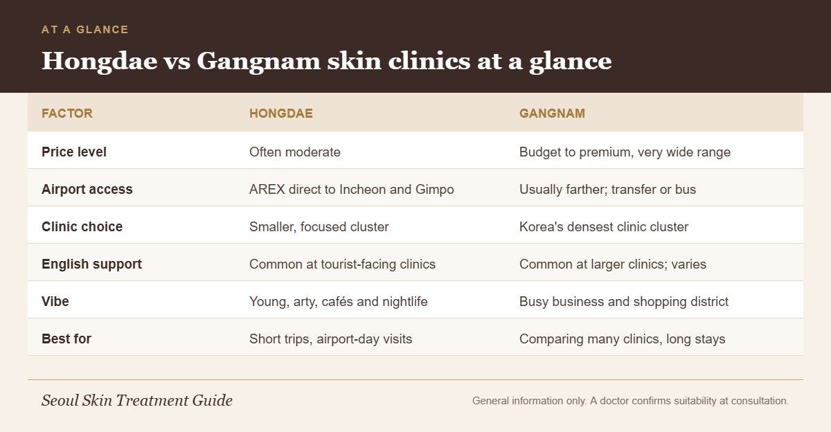 Table comparing Hongdae and Gangnam skin clinics on price level, airport access, clinic choice, English support, vibe and best use