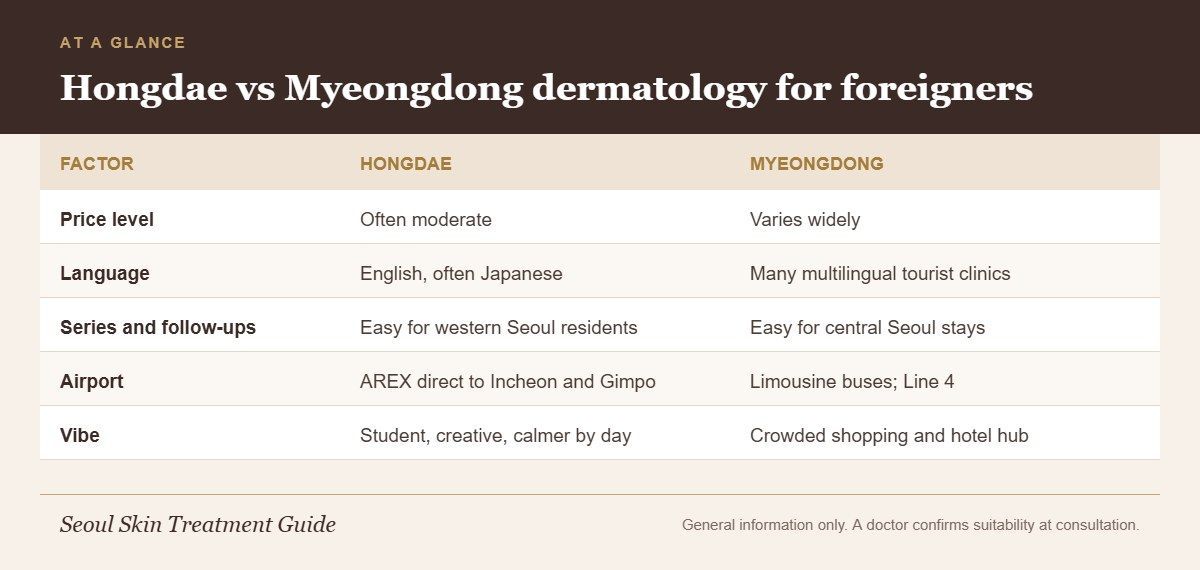 Comparison of Hongdae and Myeongdong dermatology for foreigners covering price, language, follow-ups, airport and vibe