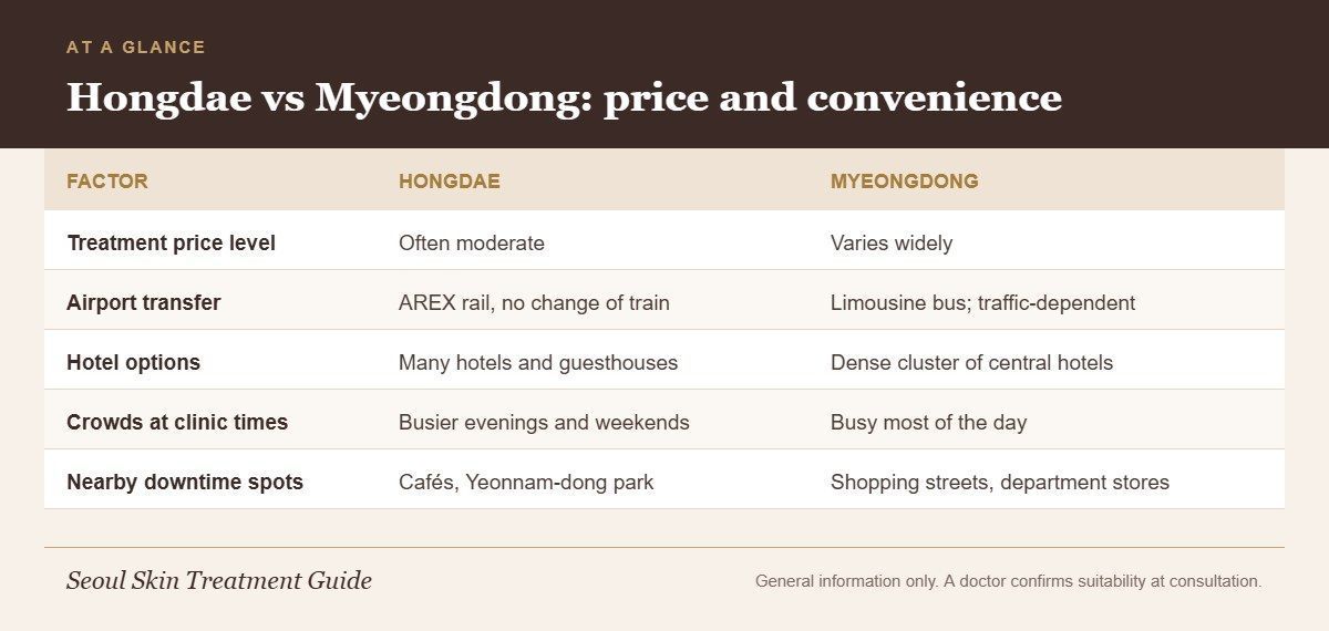 Hongdae vs Myeongdong price and convenience comparison covering treatment price level, airport transfer, hotels, crowds and nearby spots