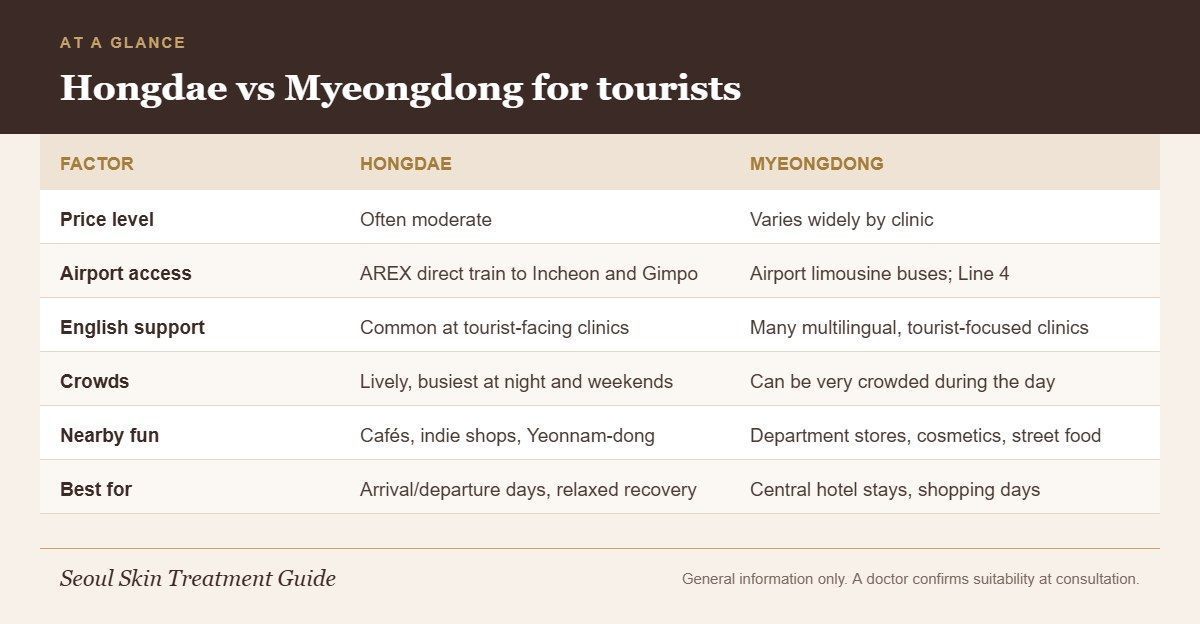 Comparison of Hongdae and Myeongdong skin clinics for tourists covering price, airport access, English support, crowds and nearby attractions