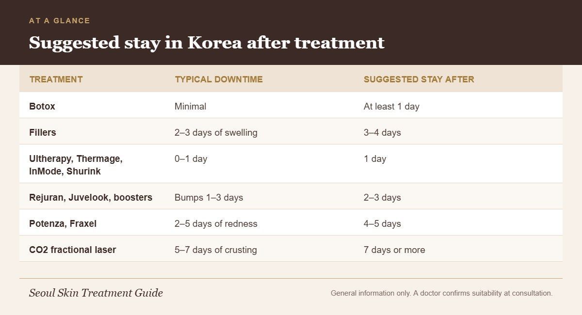 Infographic table of suggested stay in Korea after Botox, fillers, lifting, skin boosters, Potenza, Fraxel and CO2 laser