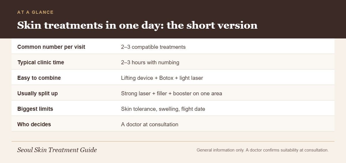 Infographic summarizing how many skin treatments you can get in one day in Korea, time needed and what is usually split