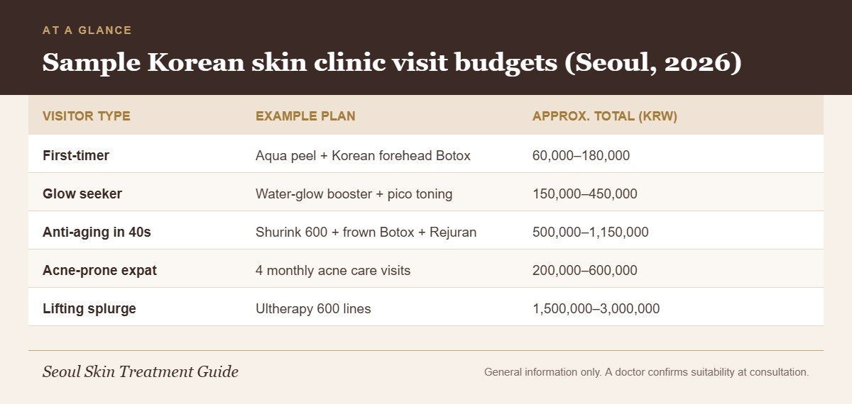 Infographic showing five sample Korean skin clinic visit budgets by visitor type with approximate totals in KRW