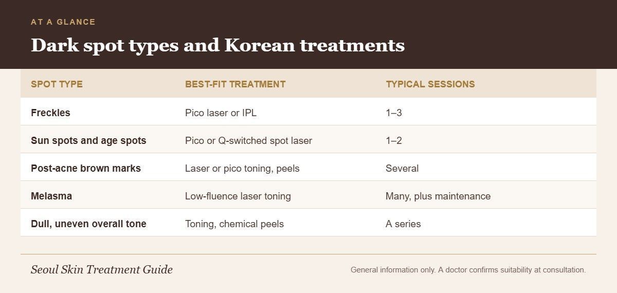 Infographic matching freckles, sun spots, post-acne marks and melasma to Korean laser treatments and session counts