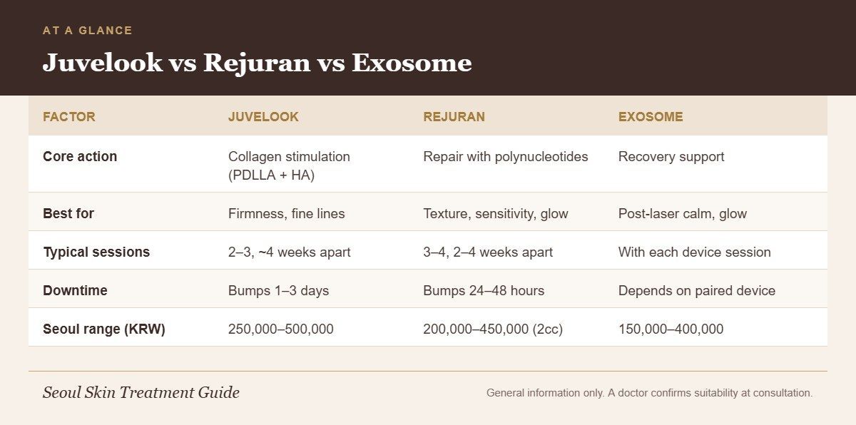 Three-column chart comparing Juvelook, Rejuran and exosome by action, best use, sessions, downtime and Seoul price