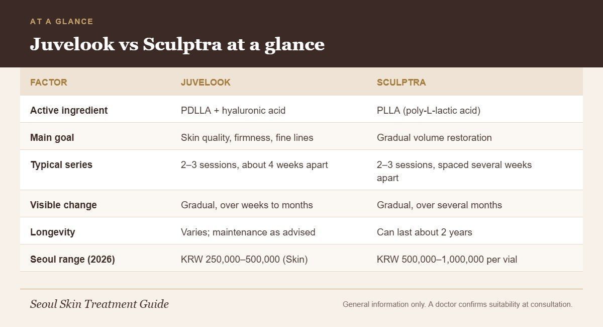 Chart comparing Juvelook and Sculptra by ingredient, goal, sessions, timeline, longevity and Seoul price