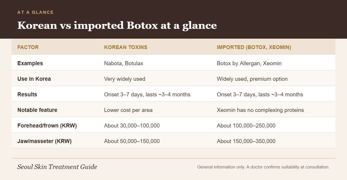 Chart comparing Korean botulinum toxins with imported Botox and Xeomin by examples, results, features and Seoul prices